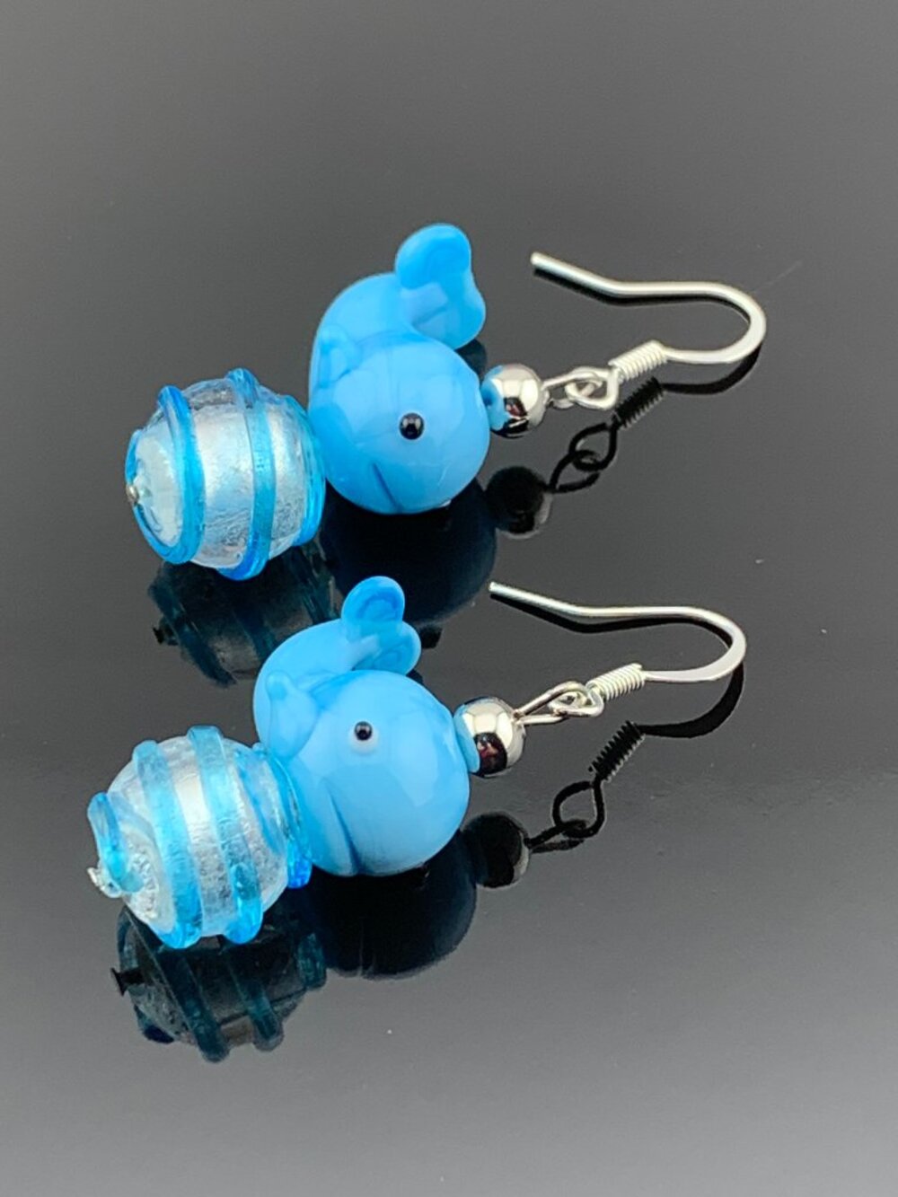 Adorable Blue Whale On A Wave Lampwork Bead Handmade Earrings LR219